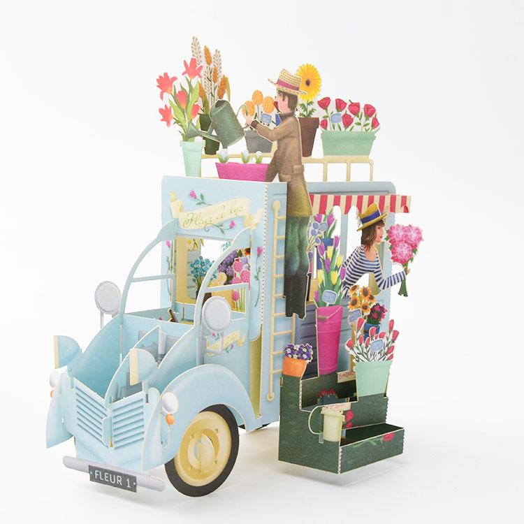 Vintage Flower Truck 3D Birthday Card in Blue or Green - Q&T 3D Cards and Envelopes