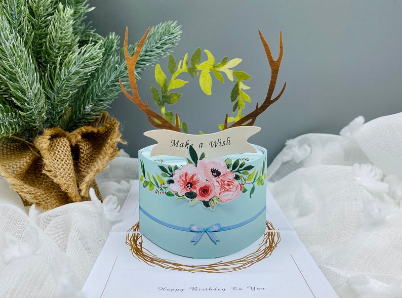 Blue Cake with Deers Antlers Birthday Pop Up Card