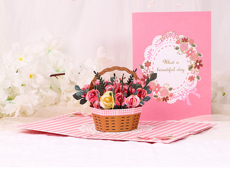 Basket Full Of Roses Pop Up Card - Q&T 3D Cards and Envelopes