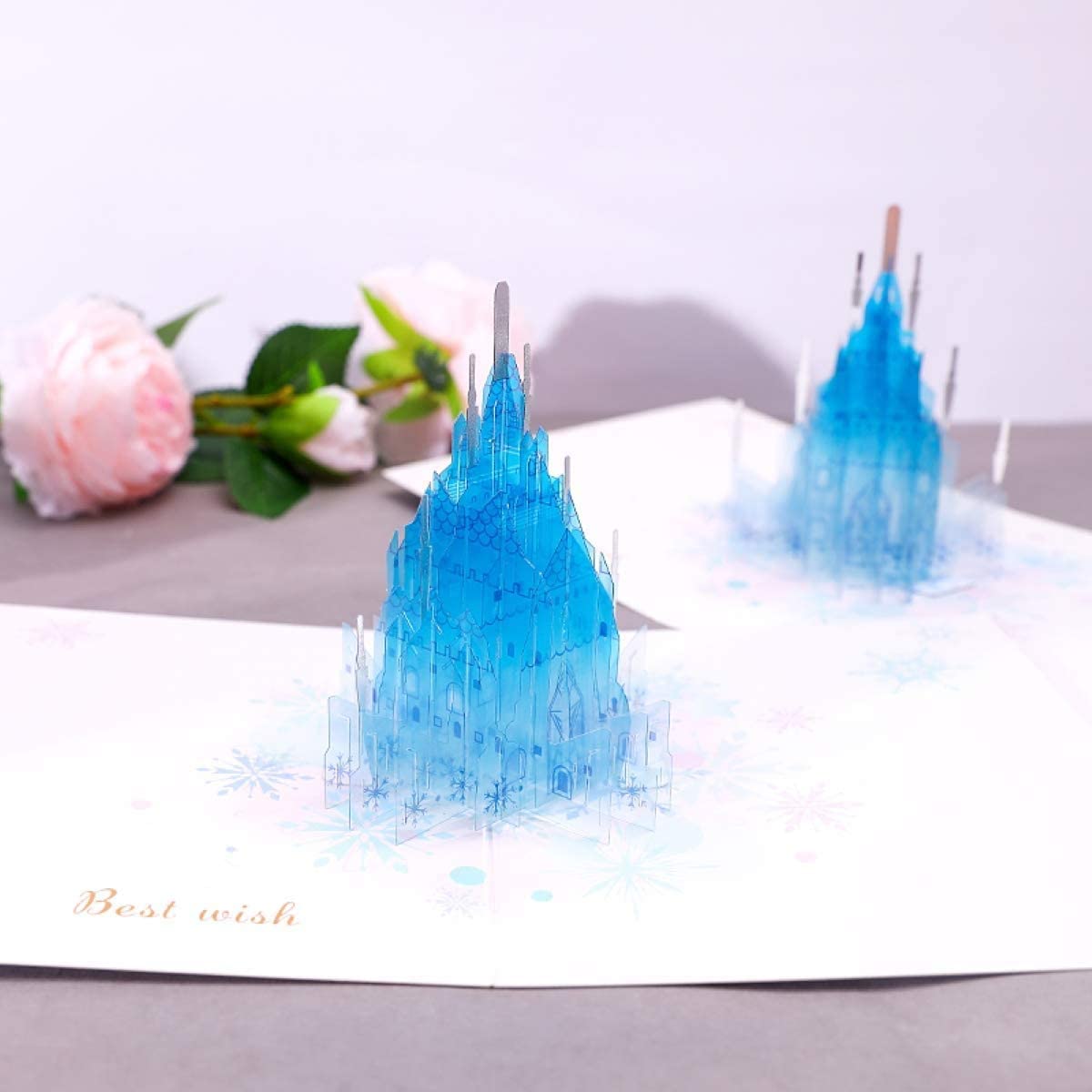 Blue Crystal Castle Pop Up Card - Best Wishes - Q&T 3D Cards and Envelopes