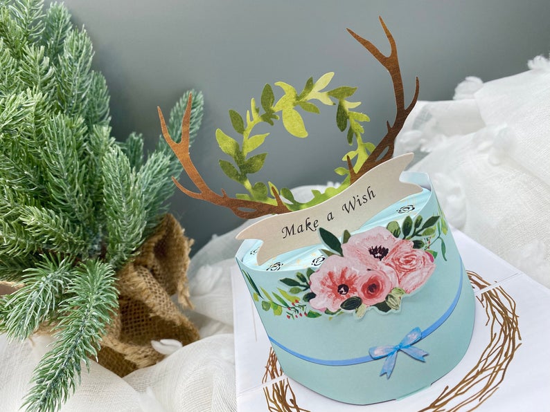 Blue Cake with Deers Antlers Birthday Pop Up Card