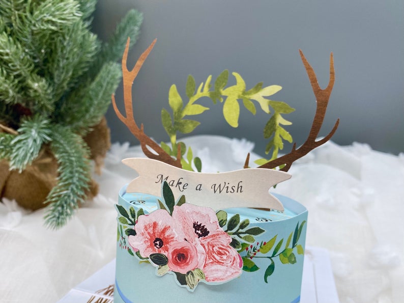Blue Cake with Deers Antlers Birthday Pop Up Card