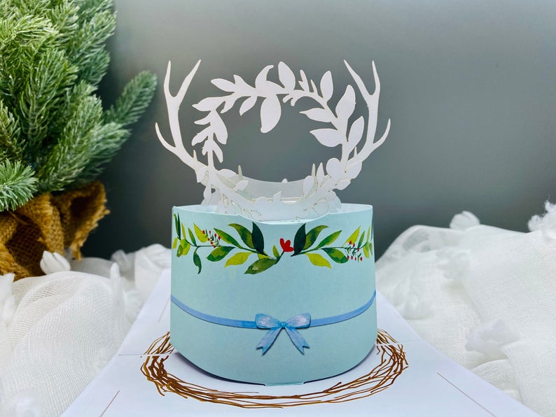 Blue Cake with Deers Antlers Birthday Pop Up Card