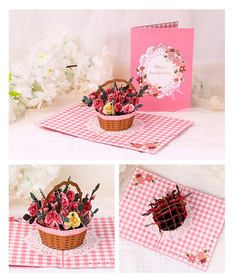 Basket Full Of Roses Pop Up Card - Q&T 3D Cards and Envelopes