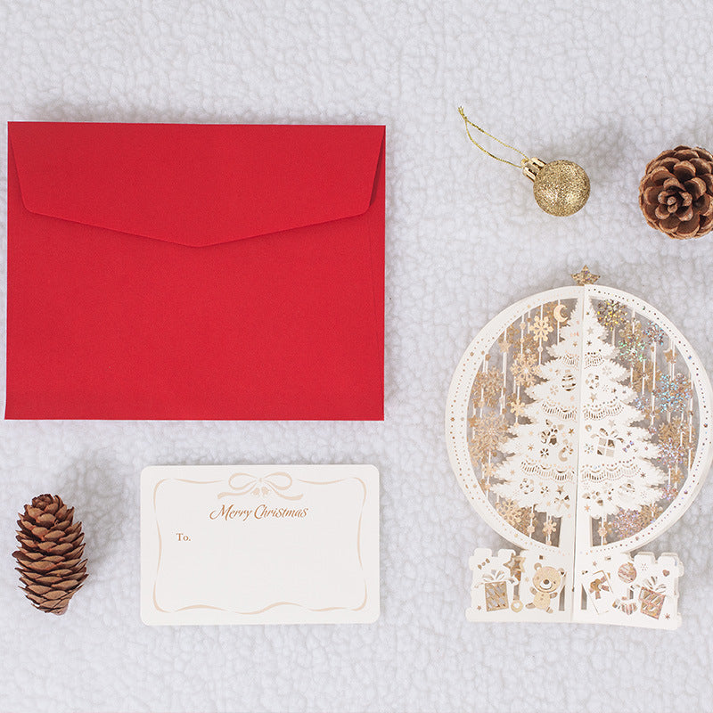 3d pop up chrismtas card - white tree in a sphere, tag card, red envelope