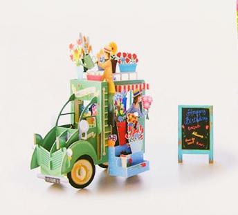 Vintage Flower Truck 3D Birthday Card in Blue or Green - Q&T 3D Cards and Envelopes